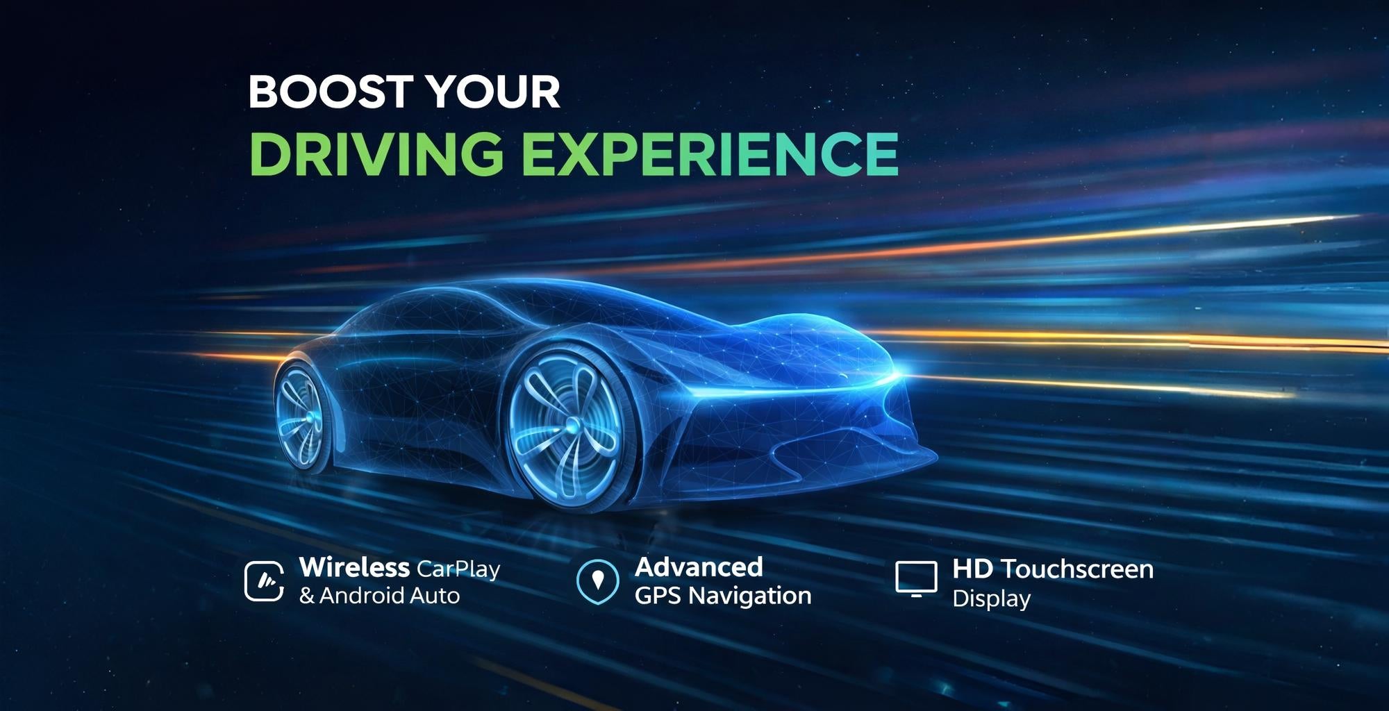Futuristic digital car with text promoting wireless CarPlay, Android Auto, GPS navigation, and HD touchscreen display.