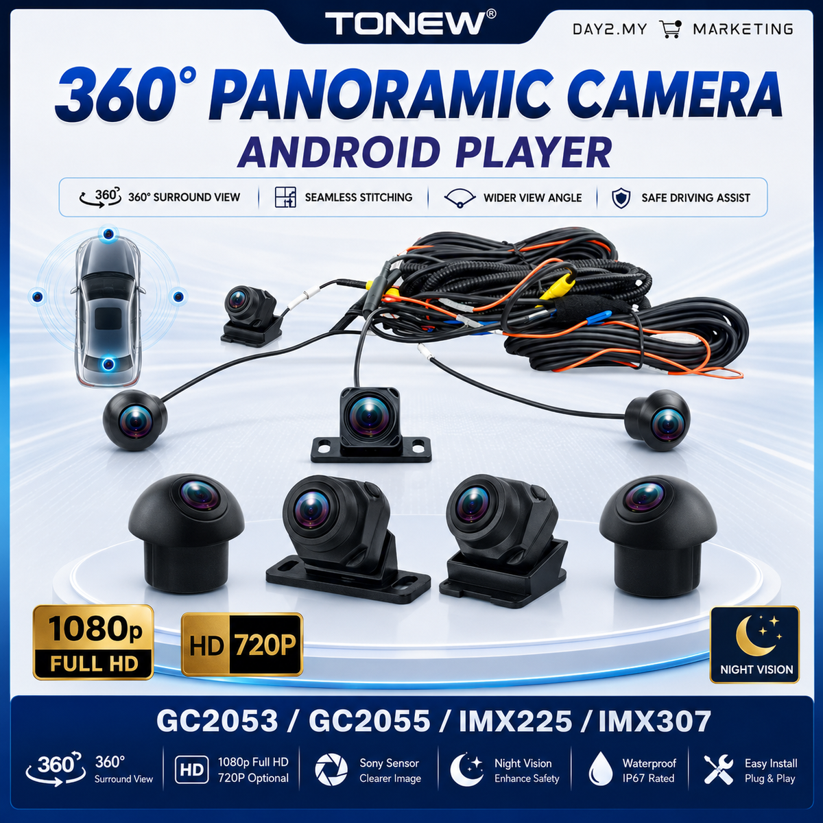 1080P 360 Panoramic Camera Set Night Vision IP68 Waterproof Android Player Day2.my