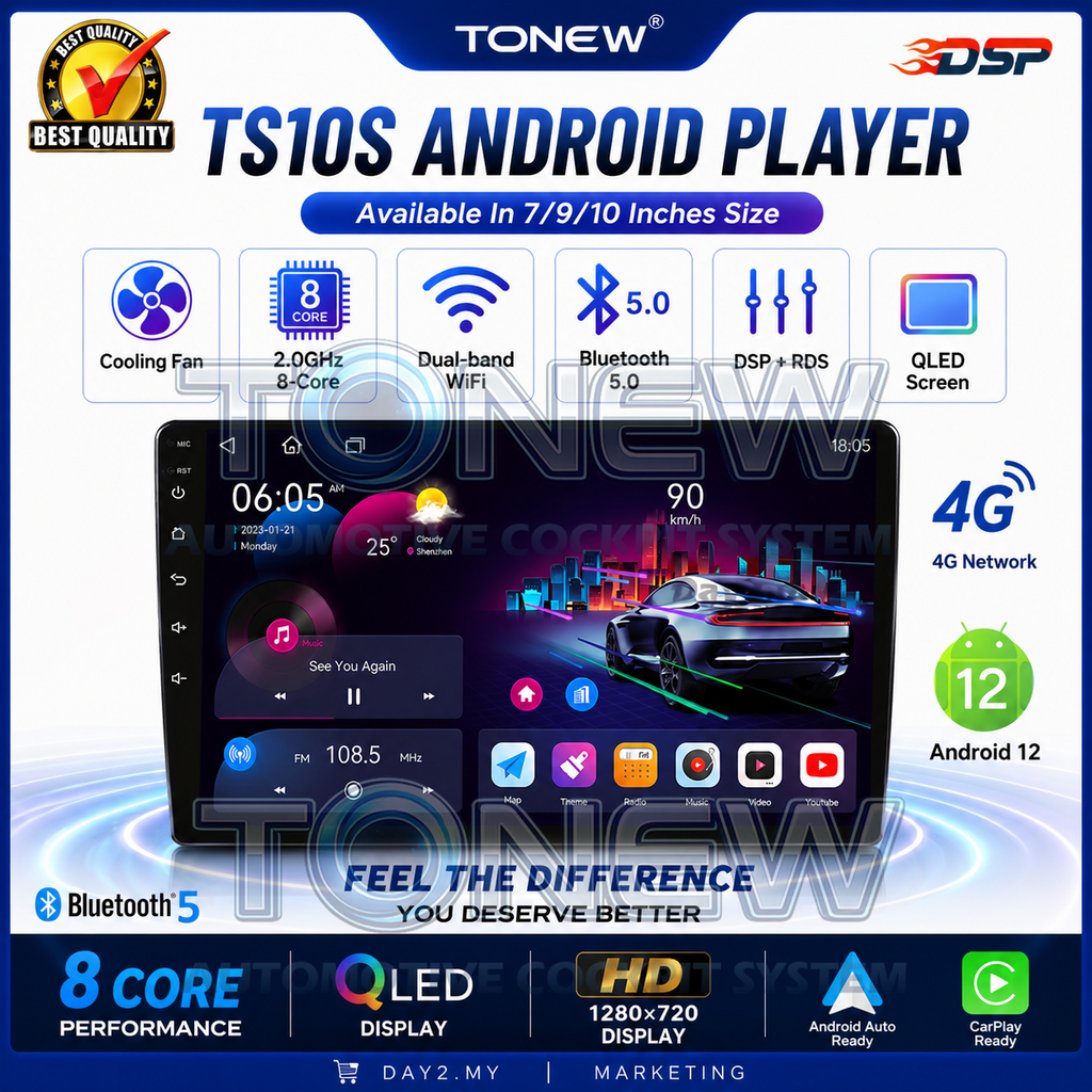 [READY STOCK]⚡TS10S Android Player 360⚡ TS10S Android 12 4G 7/9/10 inches Wireless Apple Carplay/Android Auto/4+64/6+128/8+128 Day2.my