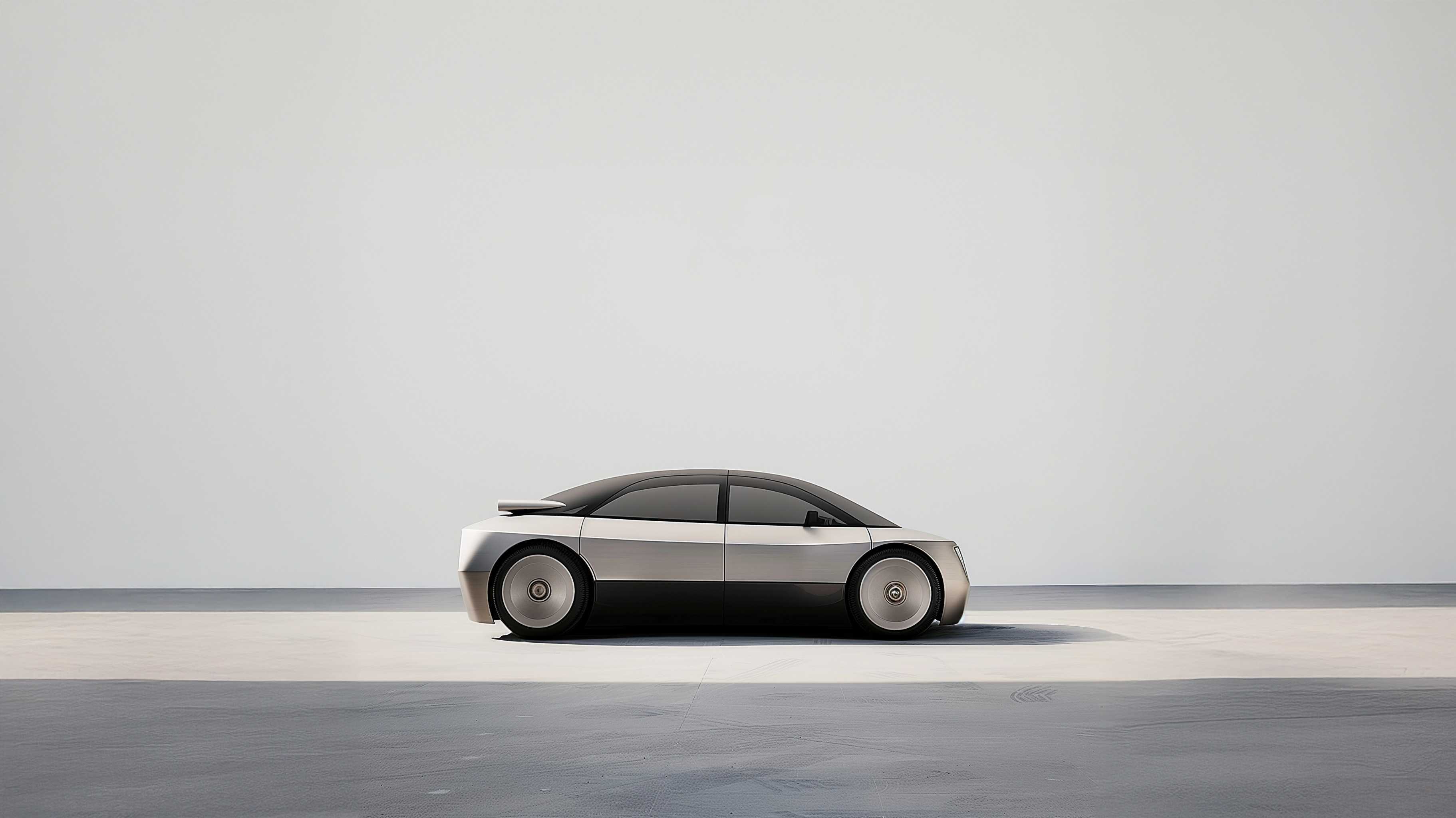 Minimalist side view of a futuristic electric sedan with sleek wheels in a light studio setting.